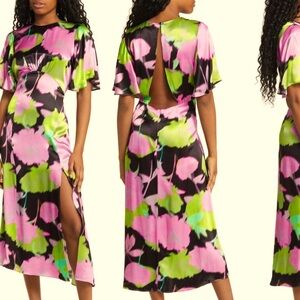 NWOT TOPSHOP Abstract Floral Flutter Sleeve Satin Midi Dress